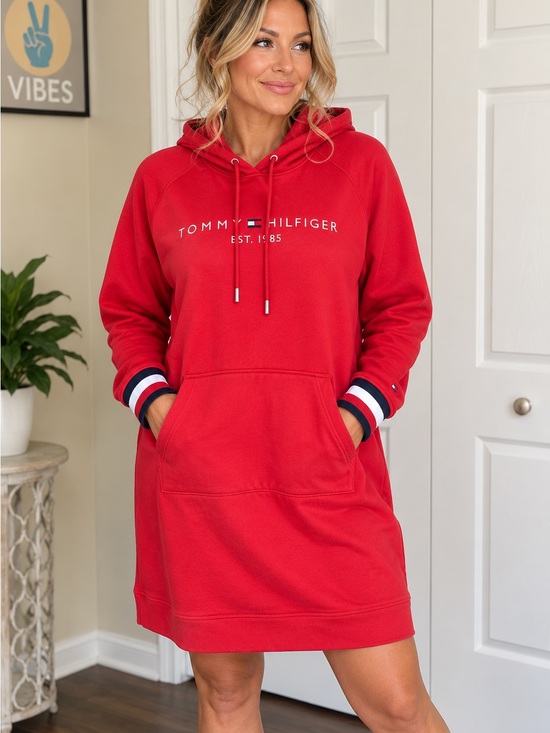 Tommy Hilfiger Dresses & Skirts - Tommy Hilfiger Women’s XL Red Hoodie Sweatshirt Dress Winter Fall Cozy Warm NWT